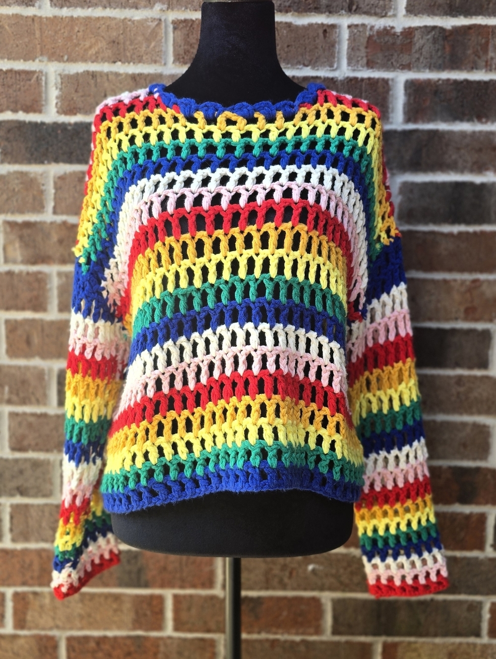 Forever 21 Rainbow Crochet Sweater Open Knit Colorful Boho Festival Top Size Med
